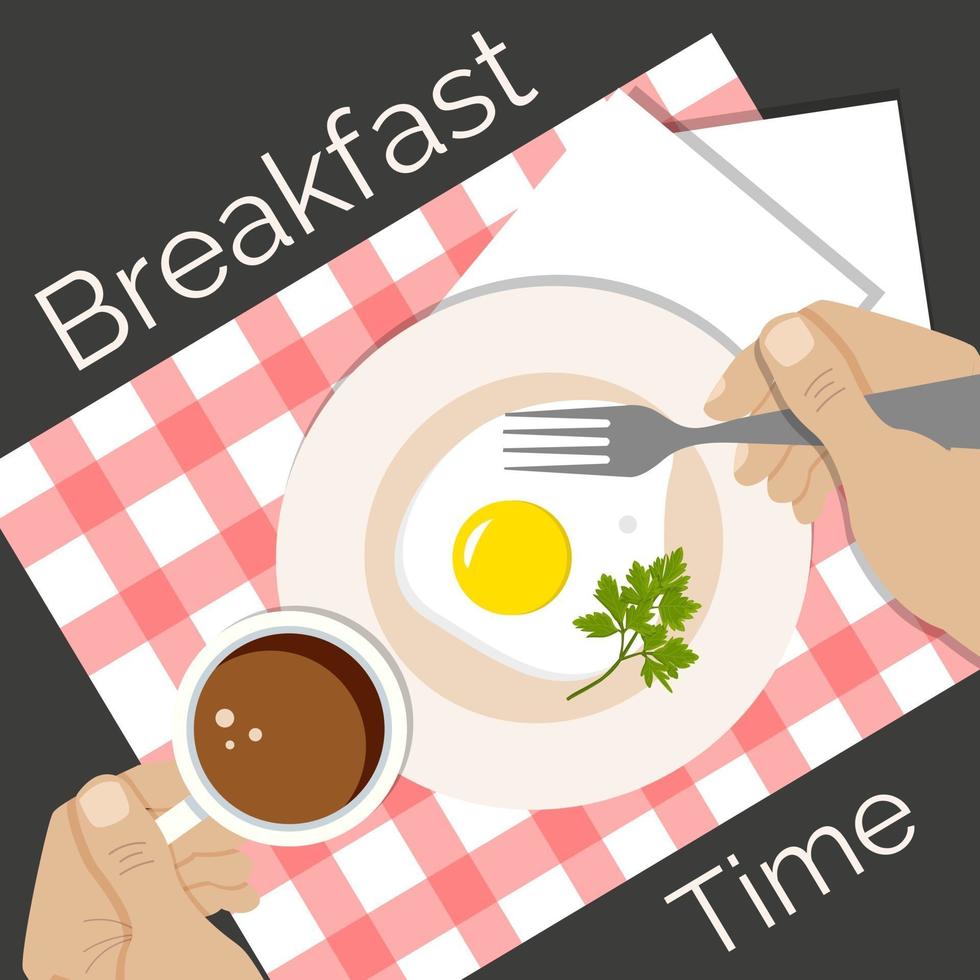 Fried egg, coffee on table, breakfast time vector