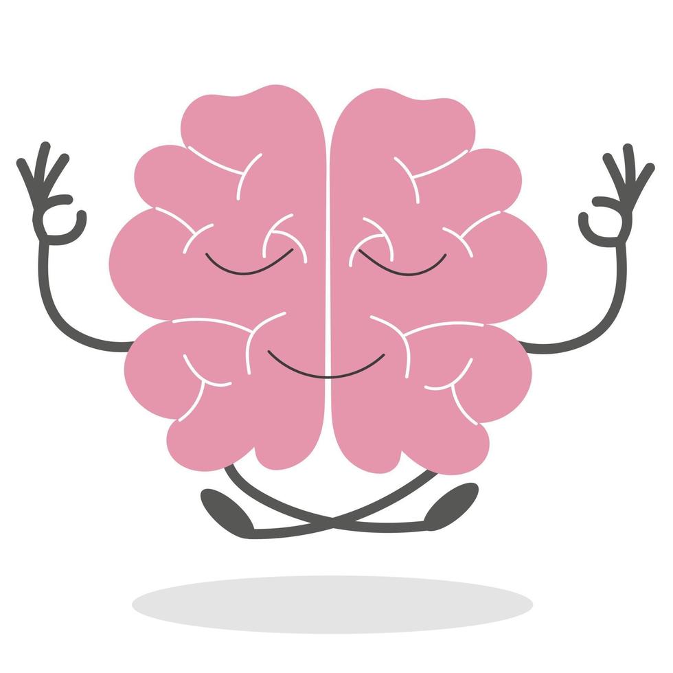 Cute human brain in yoga pose, funny character. vector