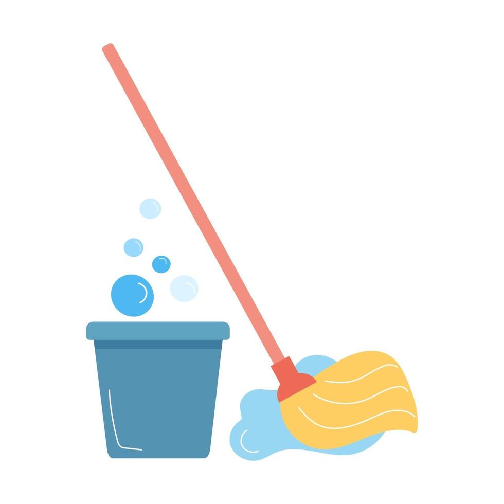 Color set of mop, bucket with water bubbles vector