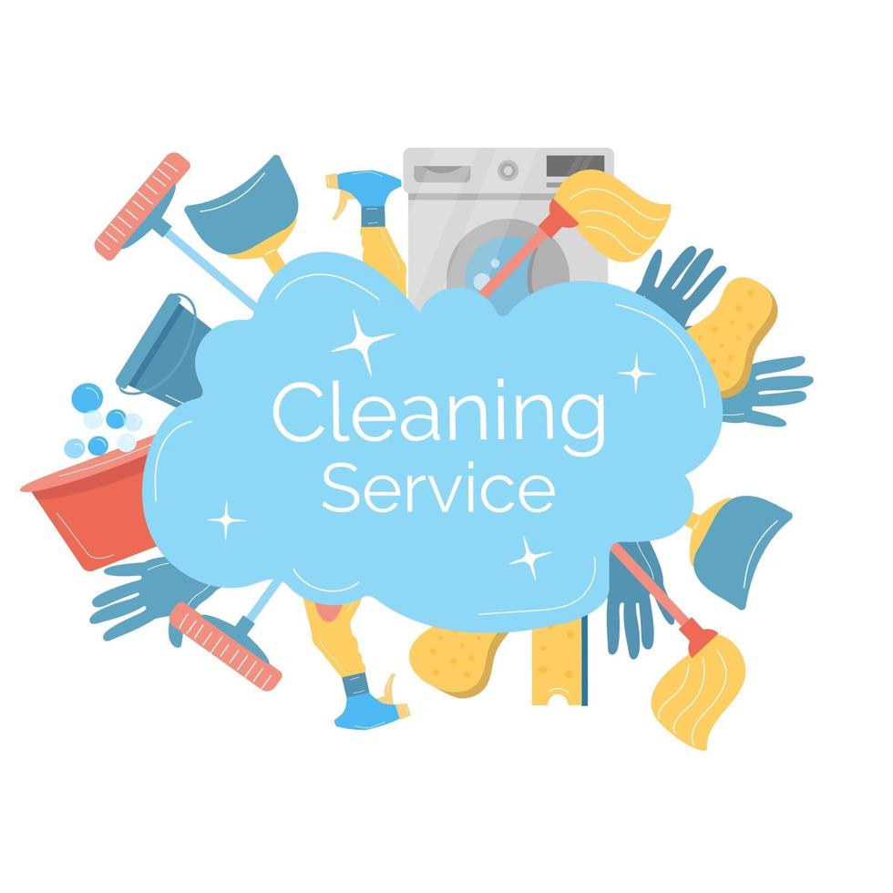 Banner con herramientas para servicio de limpieza aislado vector