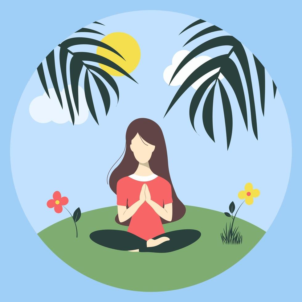 una joven practica yoga en la naturaleza. vector