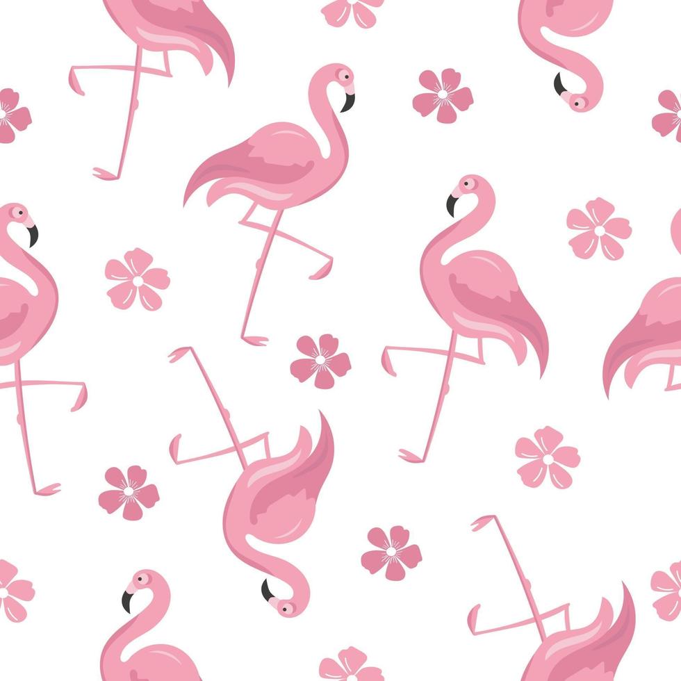 Seamless pattern with pink fall flamingo, flowers vector