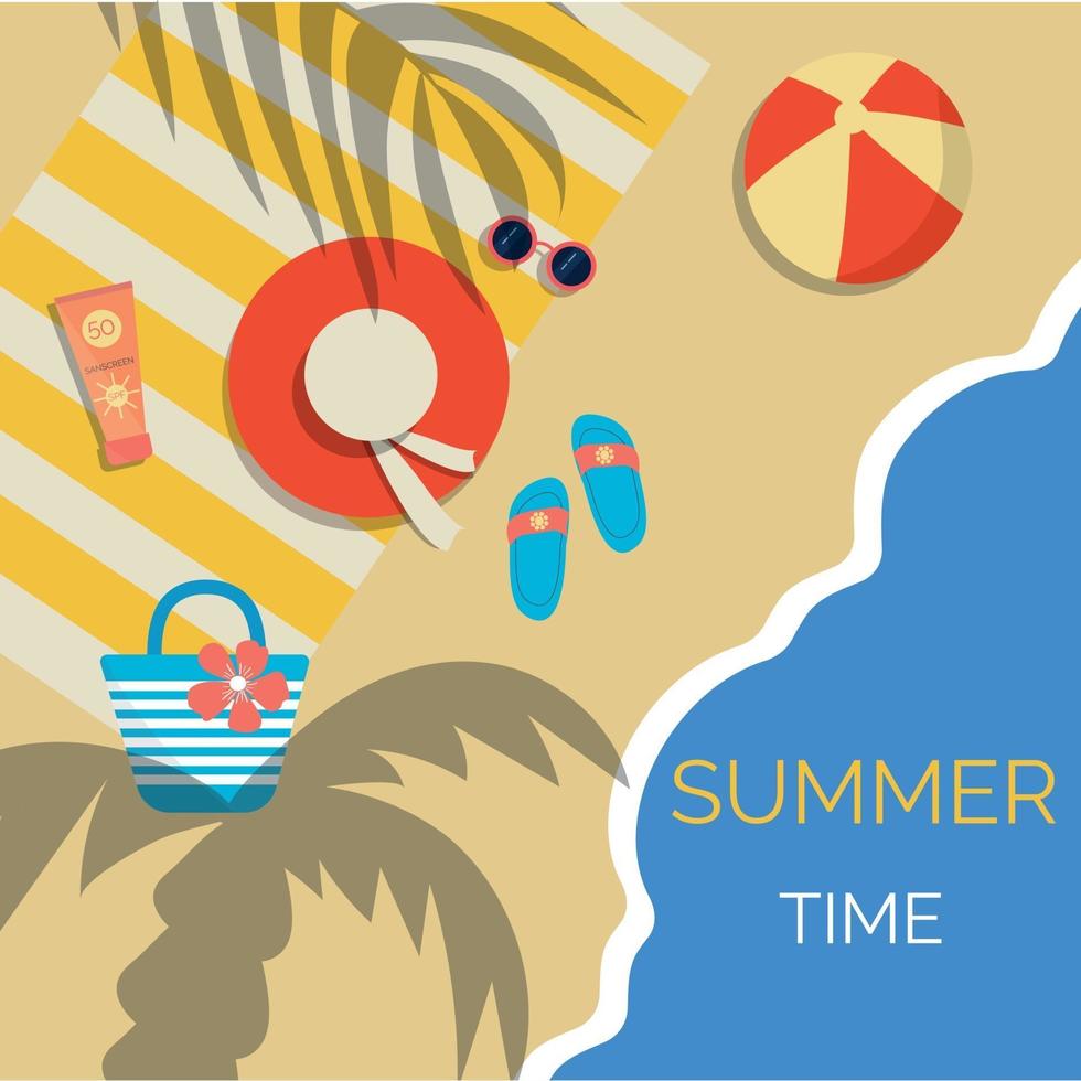 Bright summer poster with beach accessories, relax vector