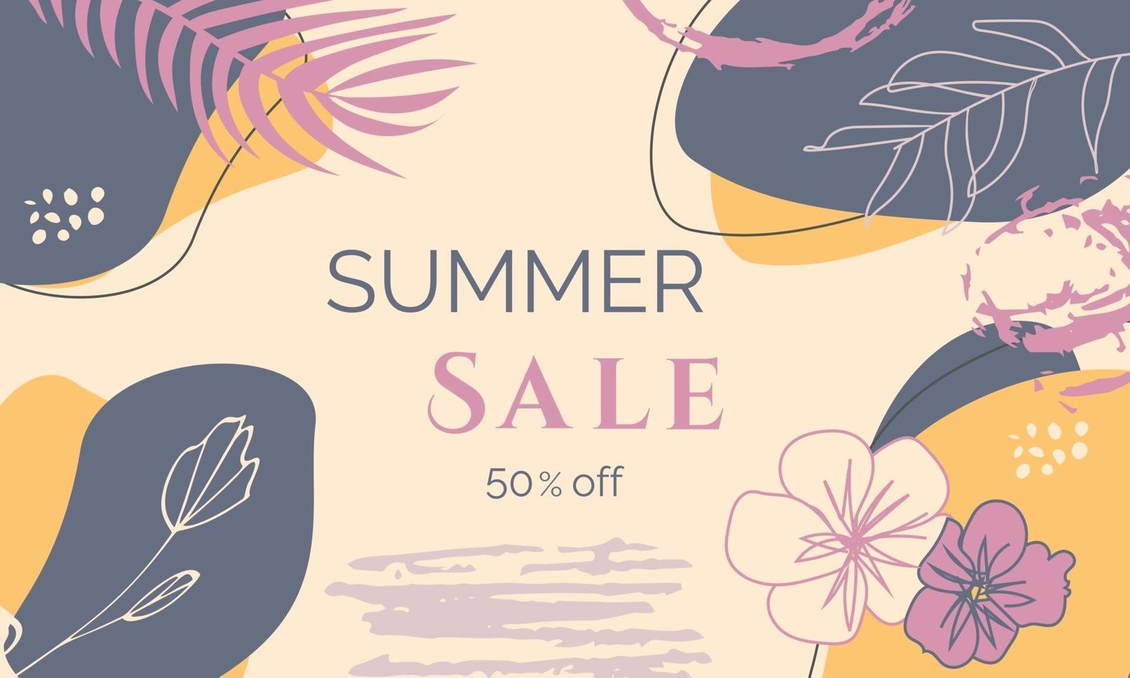 Banner de venta de verano con flores y brunch de palmeras. vector