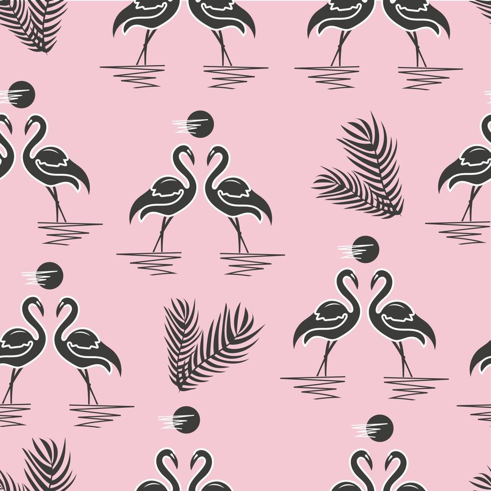 Two flamingos at sunset. A pair of bird, seamless pattern vector