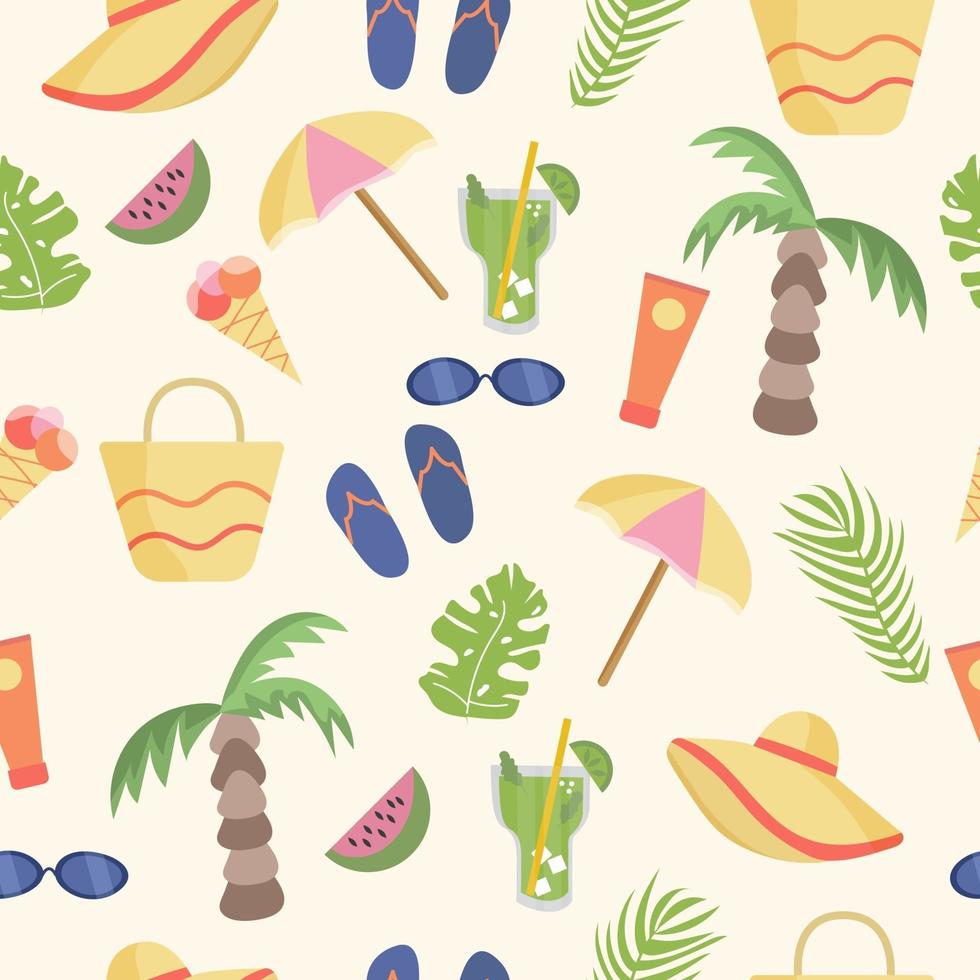 Seamless pattern beach accessories and palm vector