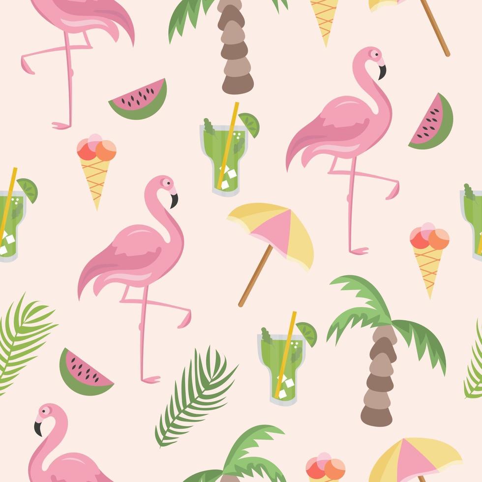 Seamless pattern flamingo and beach accessorie vector