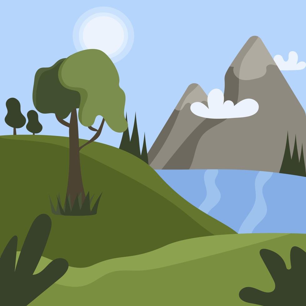 Bright summer landscape. Mountains, river, tree vector