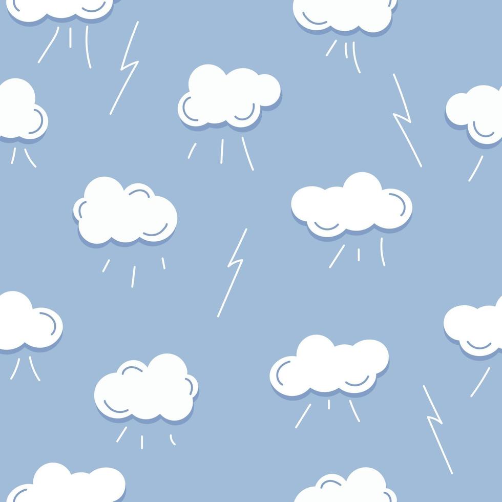 Seamless pattern with white cloud, rain, thunder vector