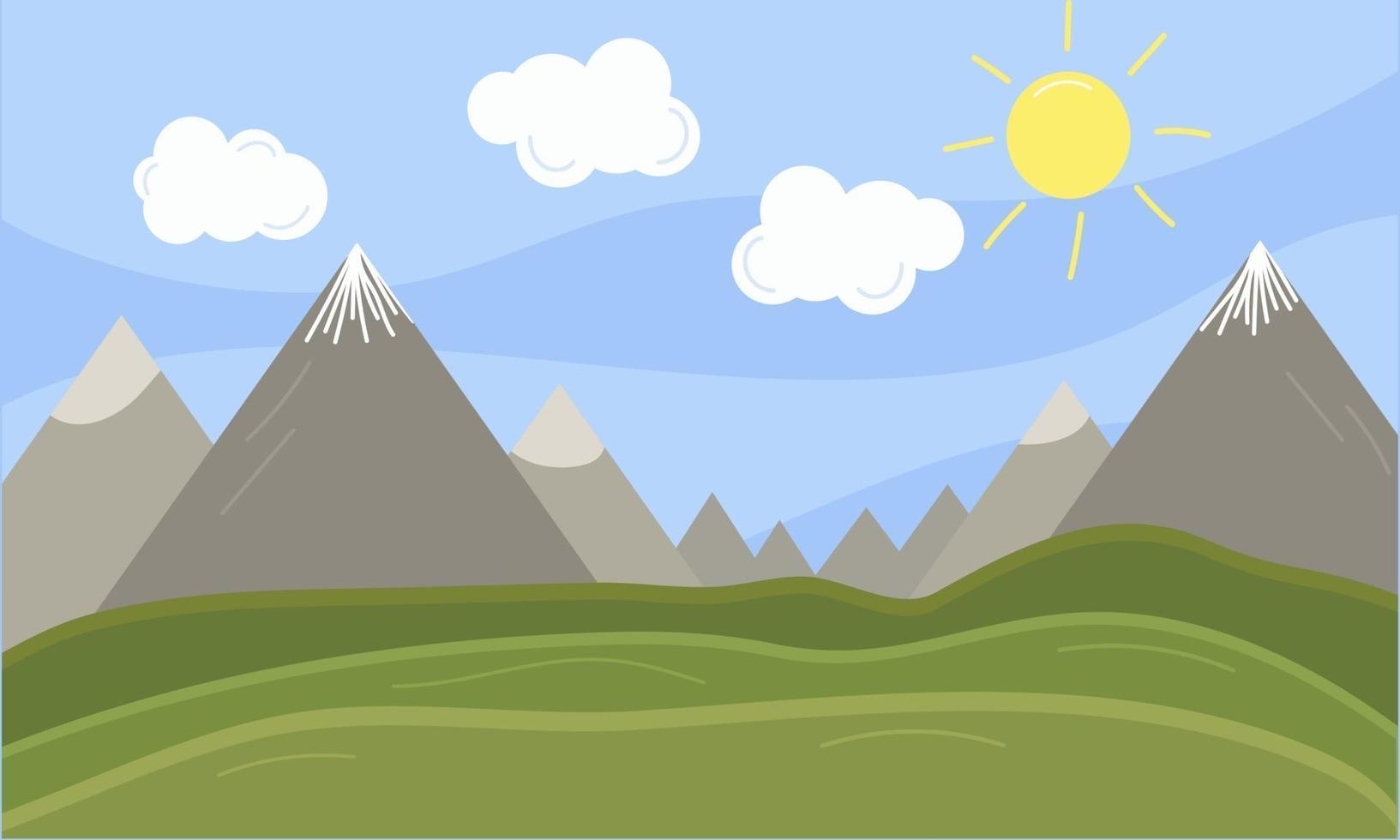 Cloud, sun and mountain summer landscape. Blue sky vector