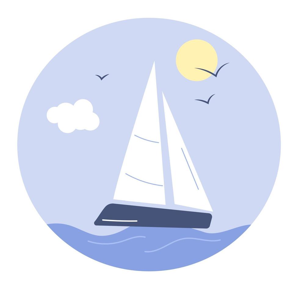 Sailboat and sun seascape on circle, isolated vector