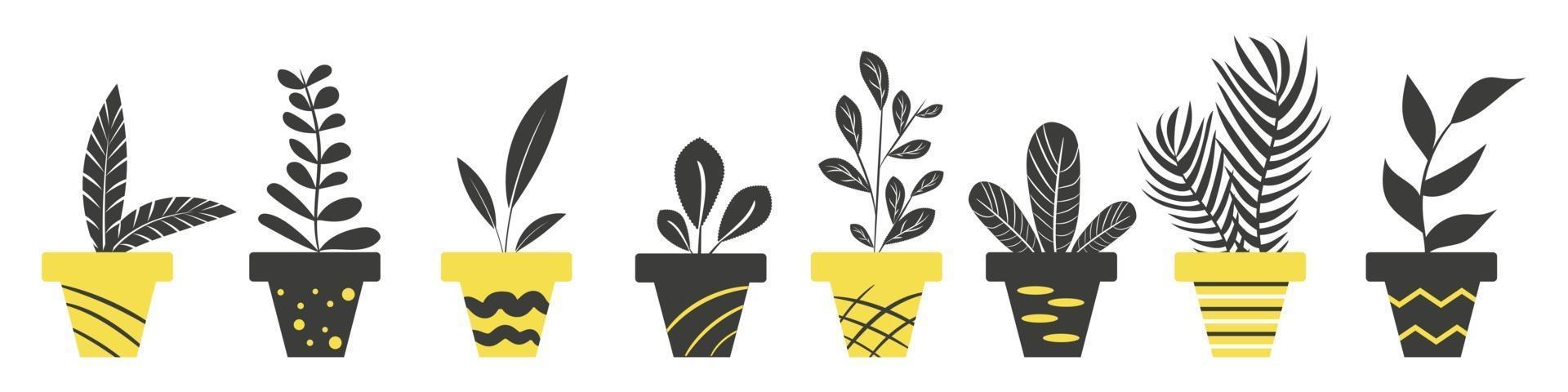 A set of different pots with home plants black vector