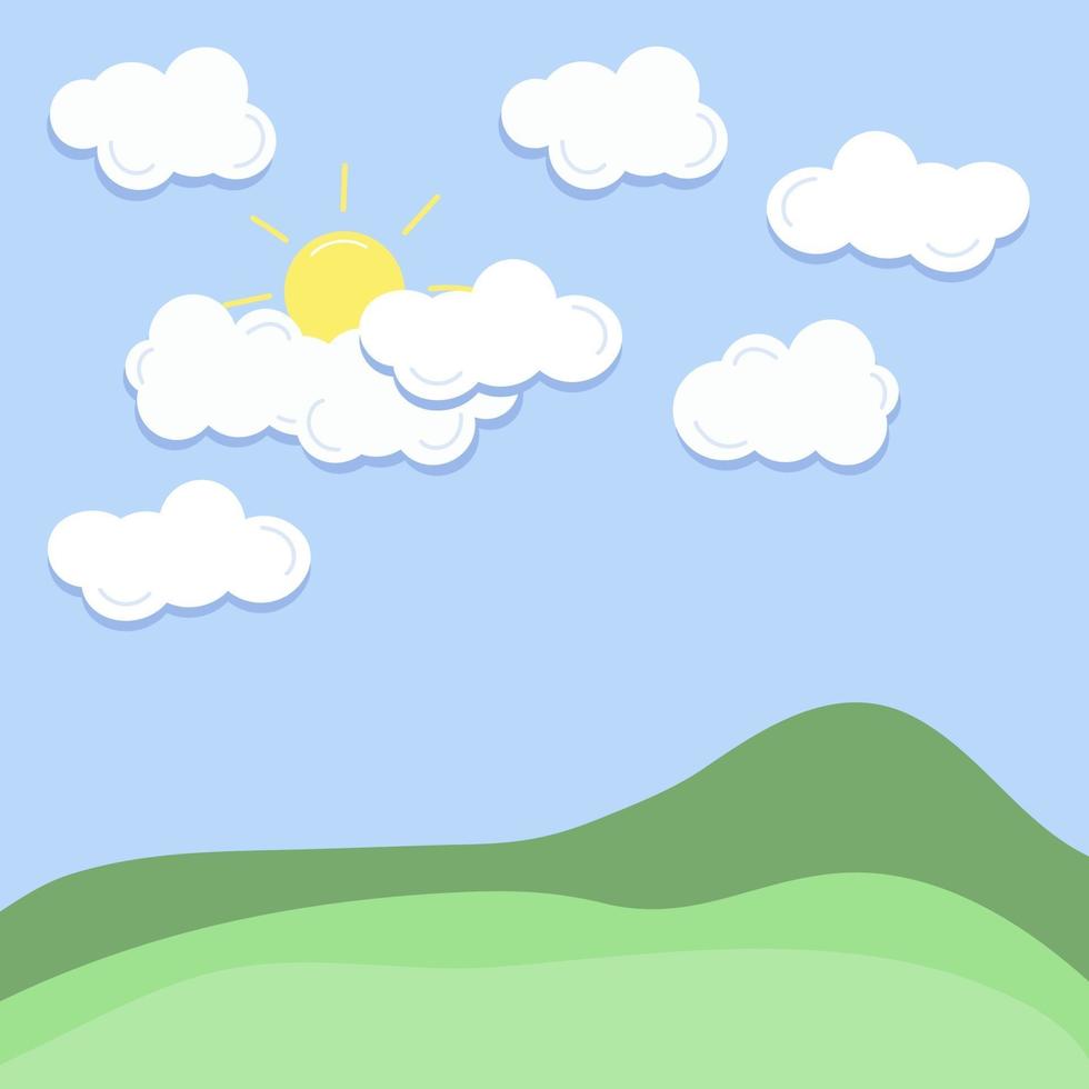 Cloud, sun and hill summer landscape. Blue sky vector