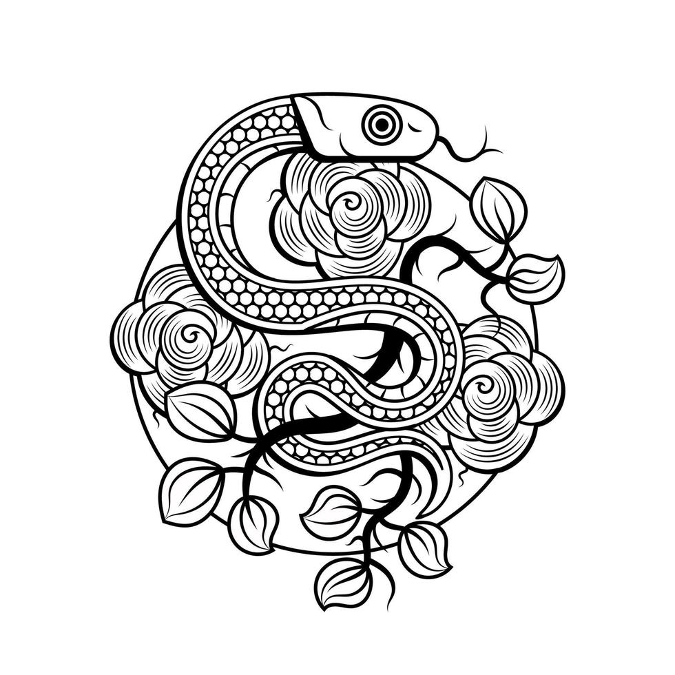 Snakes and flowers. Tattoo art, vector