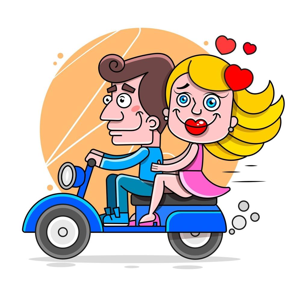 pareja en scooter. felices cabalgando juntos. retro vector