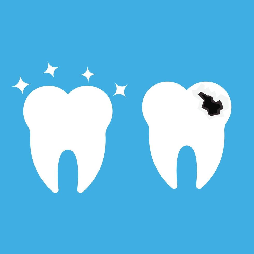 Fresh White Tooth and Spoiled Tooth Decay on Blue Background vector