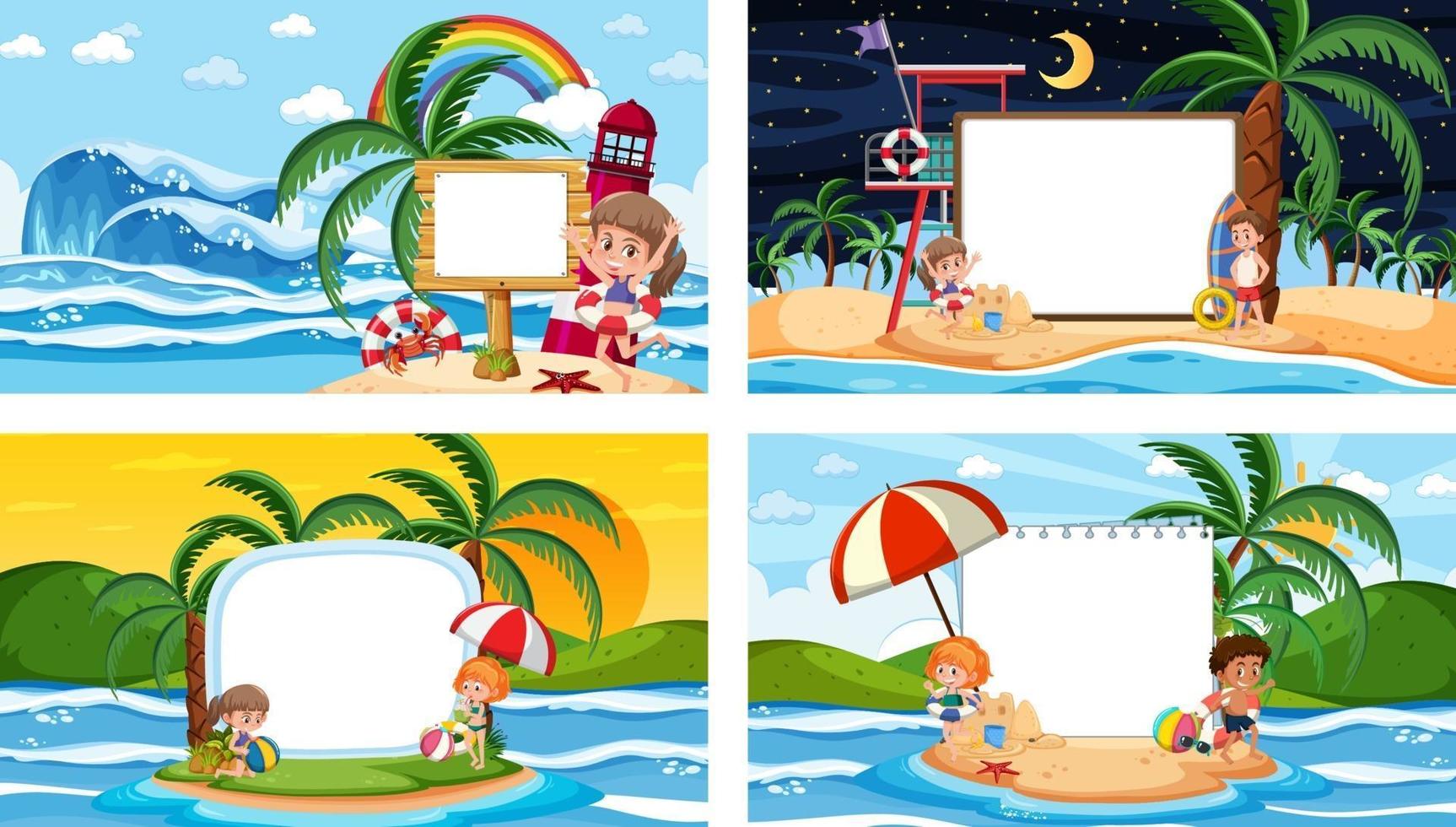 Set of different tropical beach scenes with blank banner vector