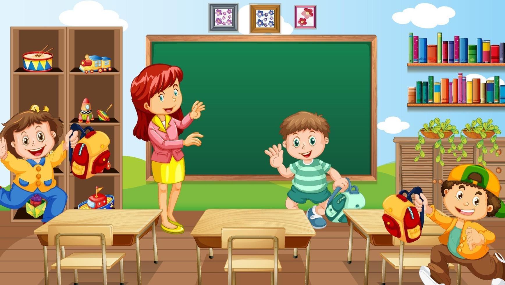 escena del aula con un maestro y niños. vector