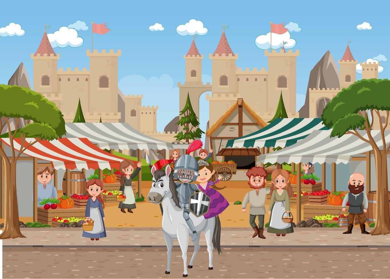 escena de la ciudad medieval con aldeanos. vector