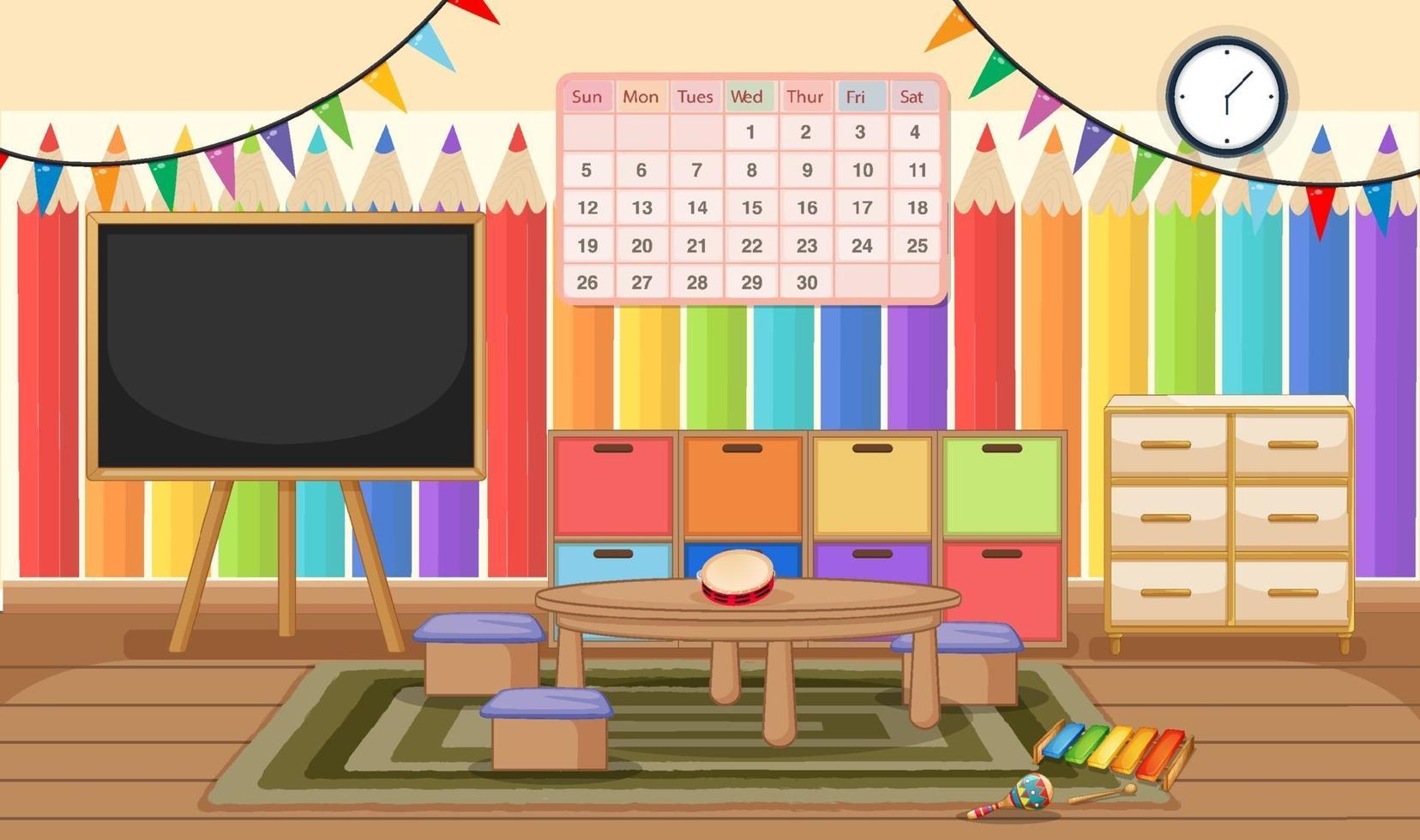 Empty kindergarten room with classroom objects and interior decoration vector