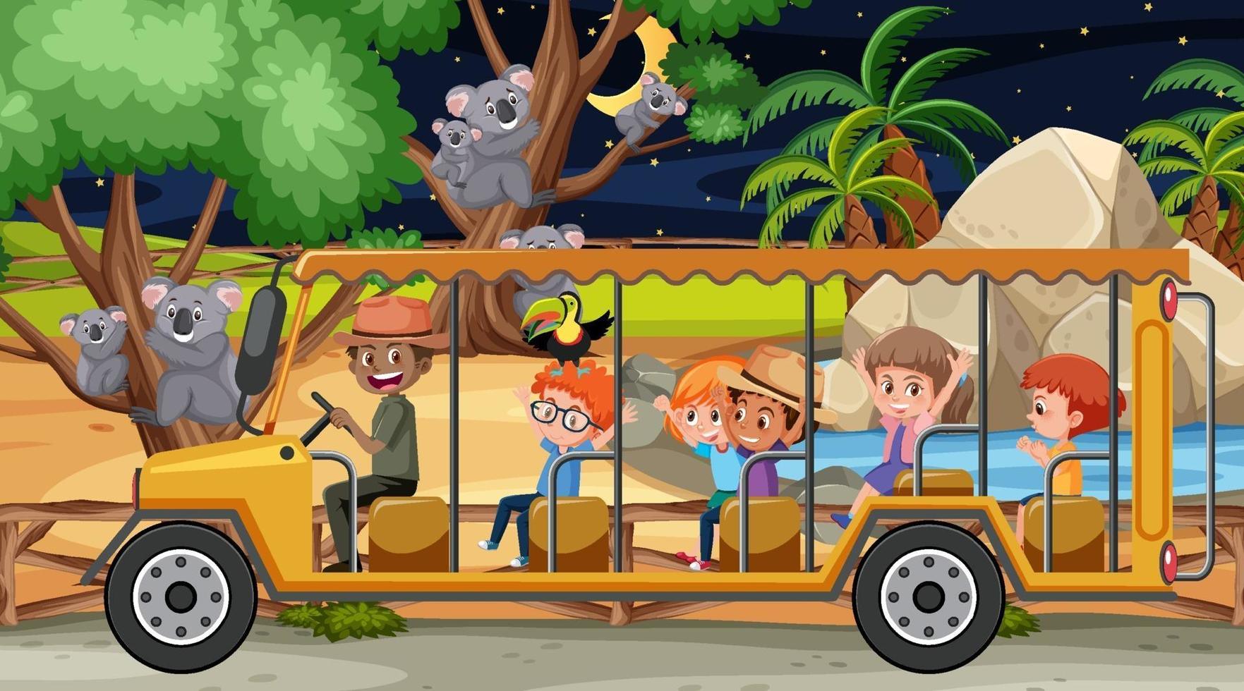 Koala group in Safari scene with children in the tourist car vector