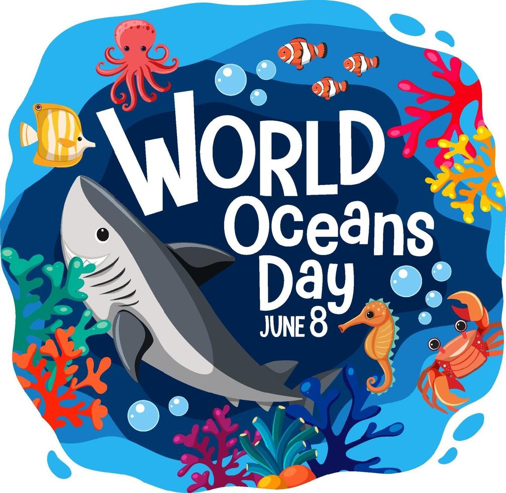 banner del día mundial del océano con diferentes animales marinos vector