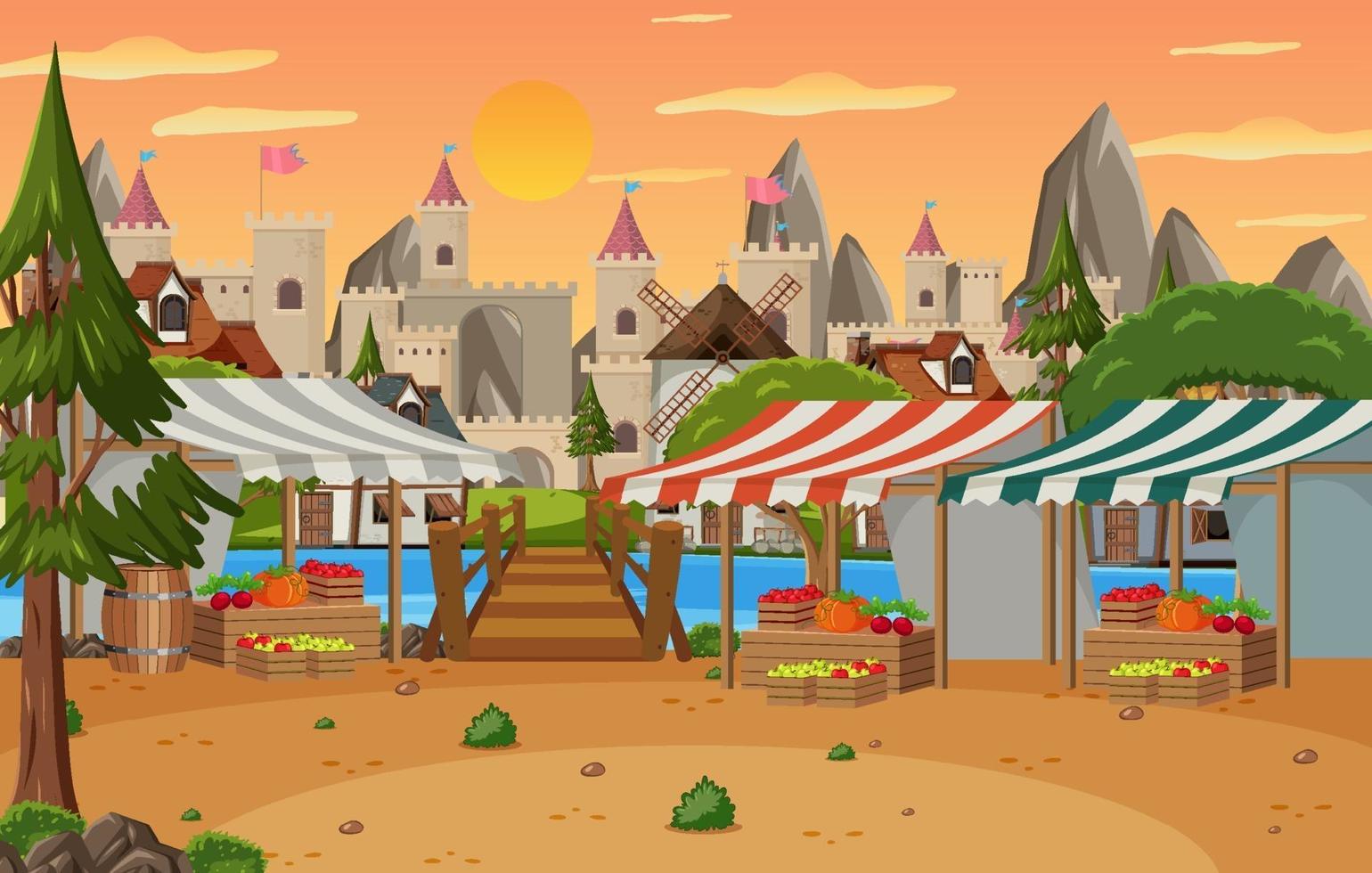 Medieval town scene with market place vector