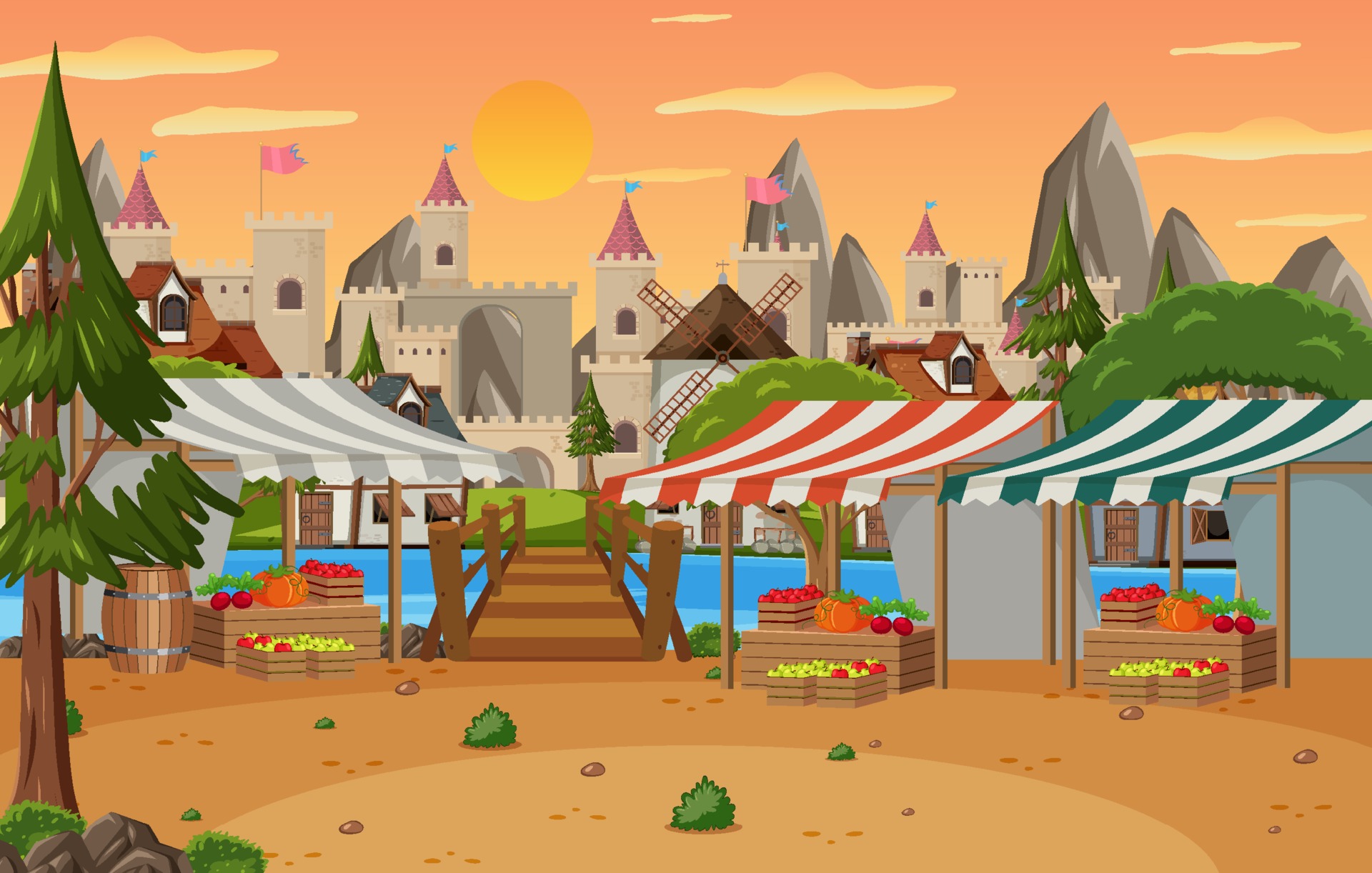 Medieval town scene with market place 3234171 Vector Art at Vecteezy