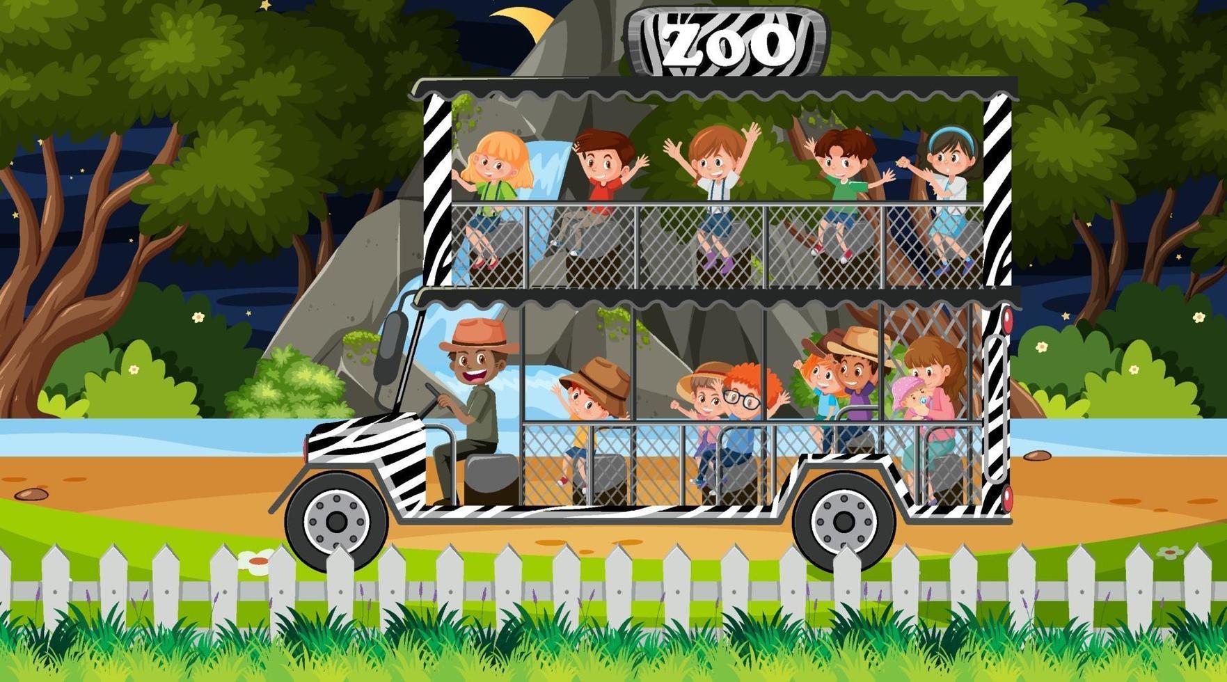 Safari en escena nocturna con niños en coche turístico. vector