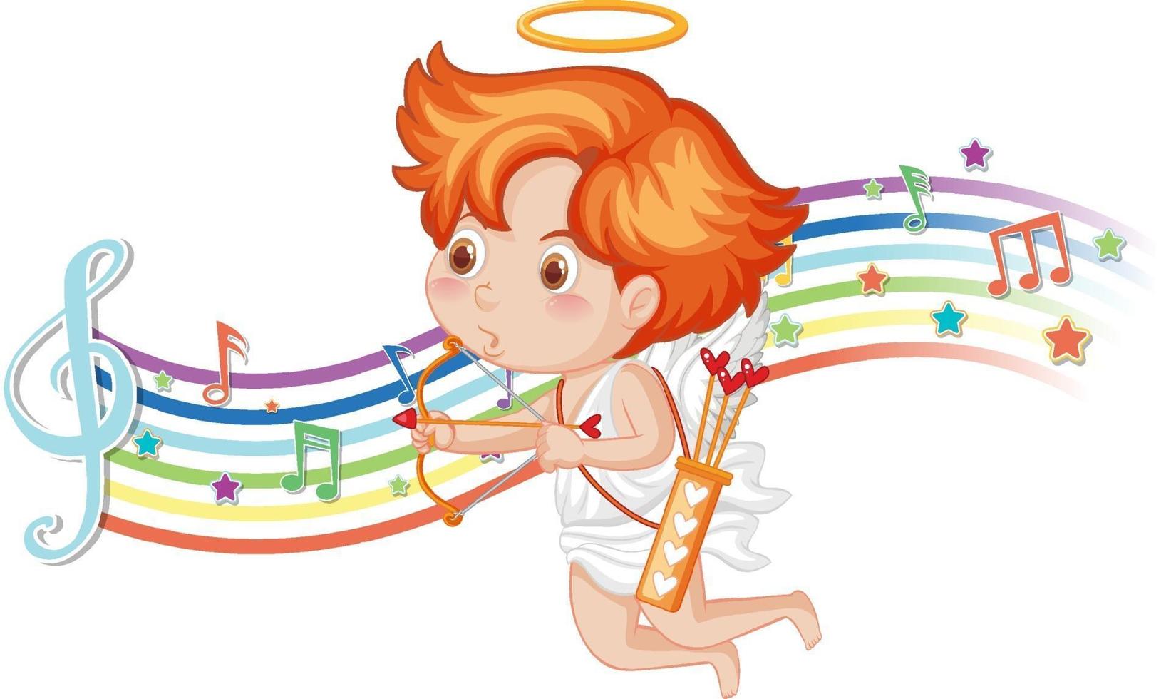 Cupid holding bow and arrow with melody symbols on rainbow vector