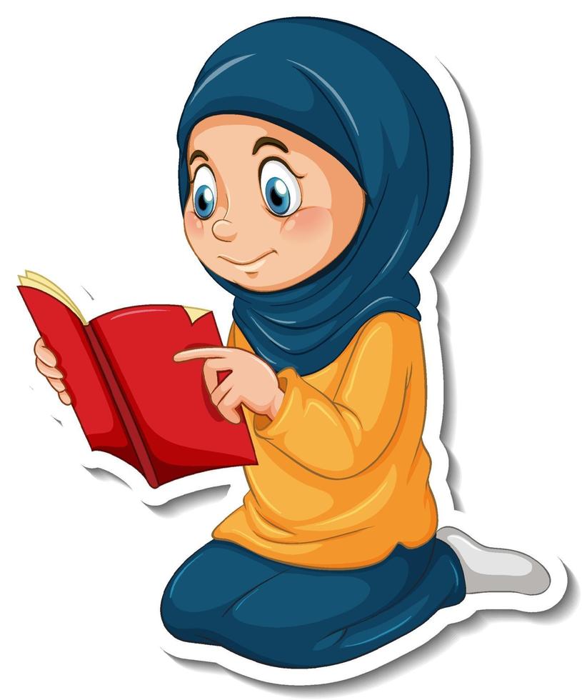 una plantilla de pegatina con una niña musulmana leyendo el libro del Corán vector