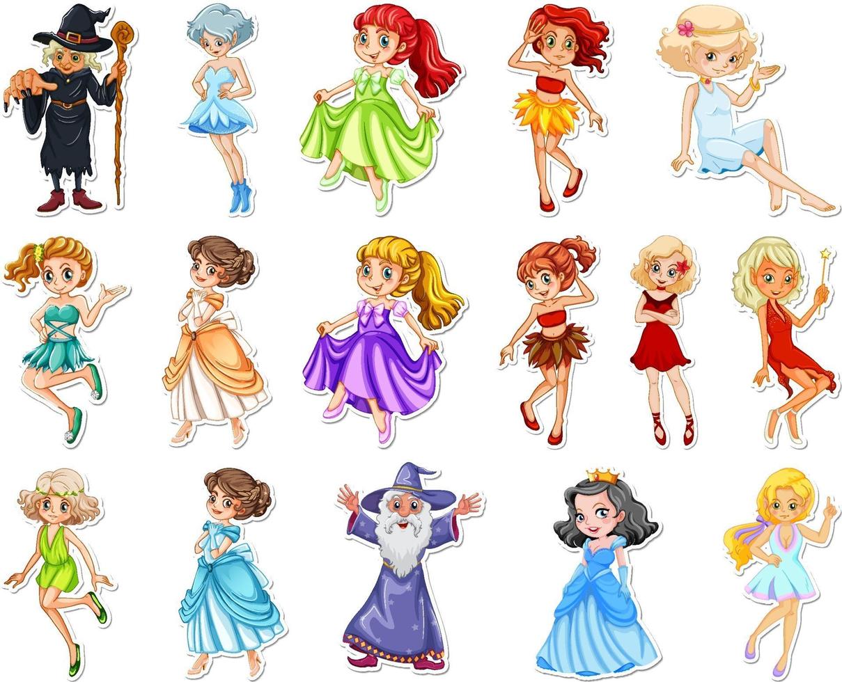 Sticker set with different fairytale cartoon characters vector