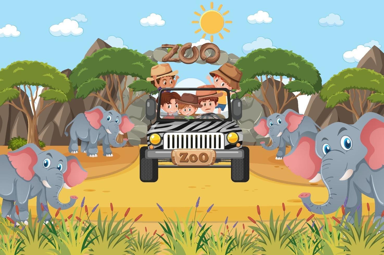 Escena de safari con niños en coche turístico viendo grupo de elefantes vector