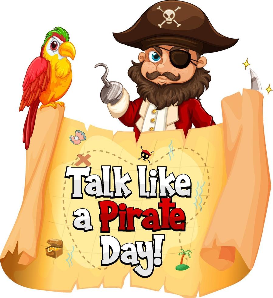 Talk like a pirate day font banner with a pirate cartoon character vector