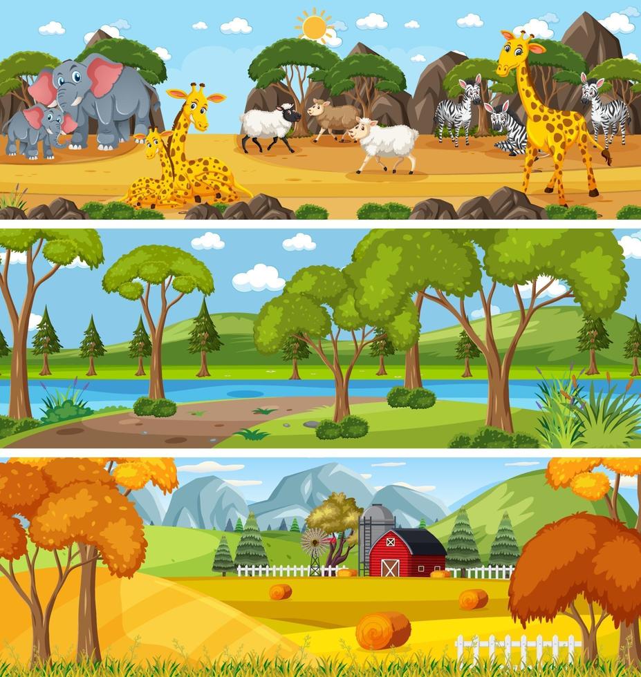 Panoramic nature landscape scene set with cartoon character vector
