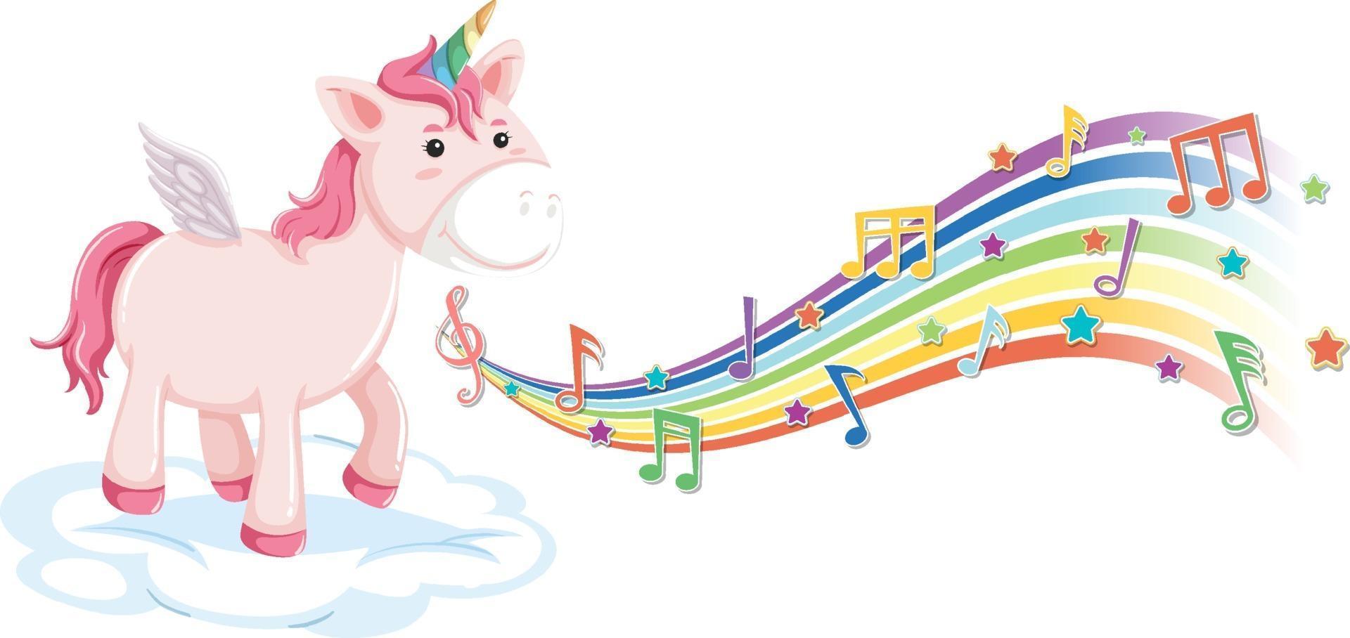 Cute unicorn standing on the cloud with melody symbols on rainbow vector