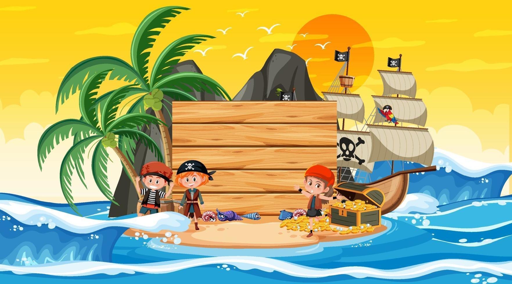 Plantilla de banner vacío con niños piratas en la escena del atardecer en la playa vector