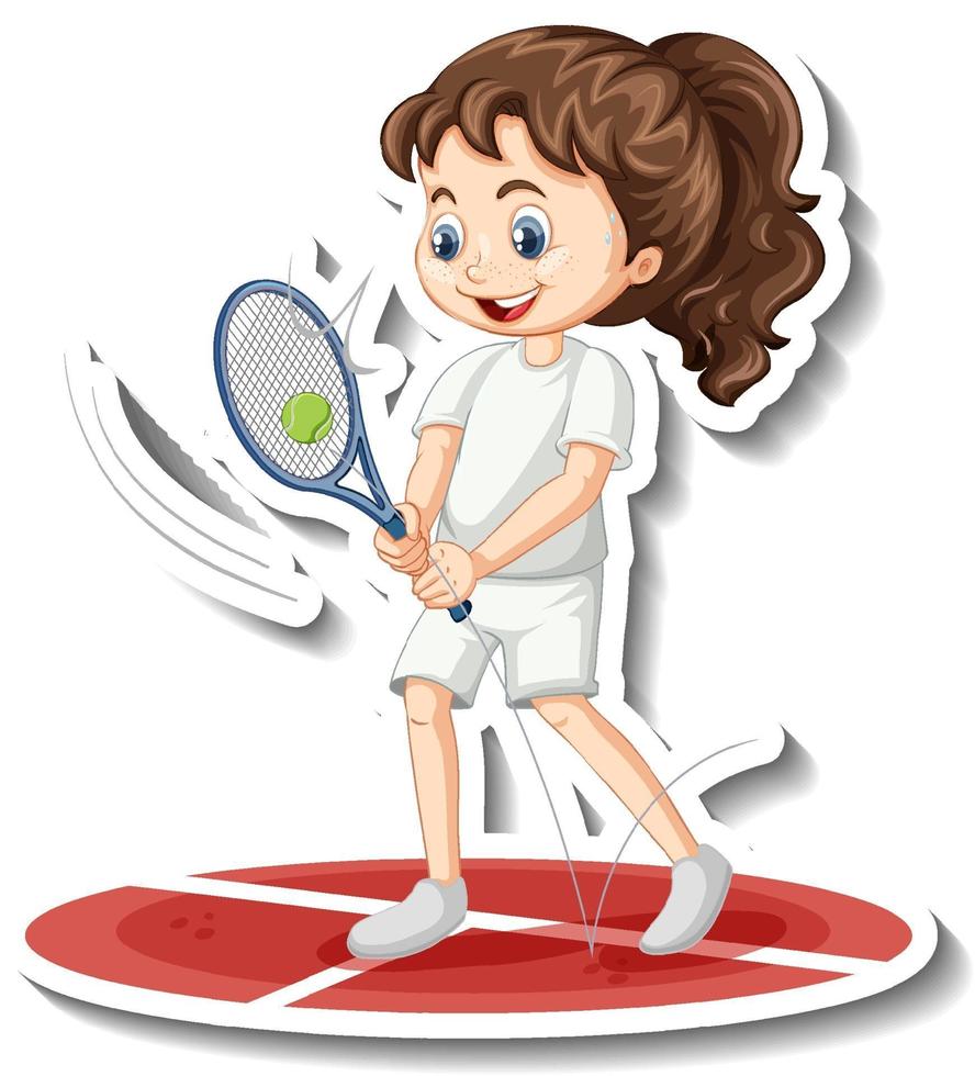 Cartoon character sticker with a girl playing tennis vector