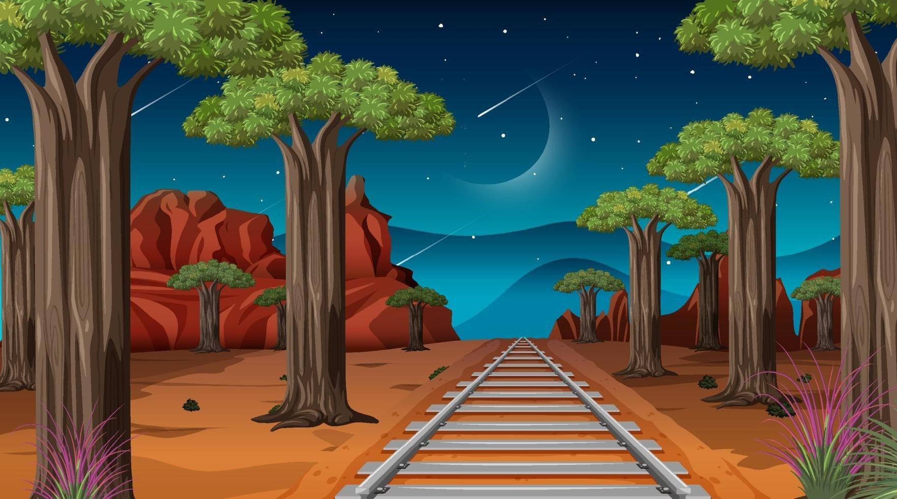 Railway through the desert landscape scene at night vector