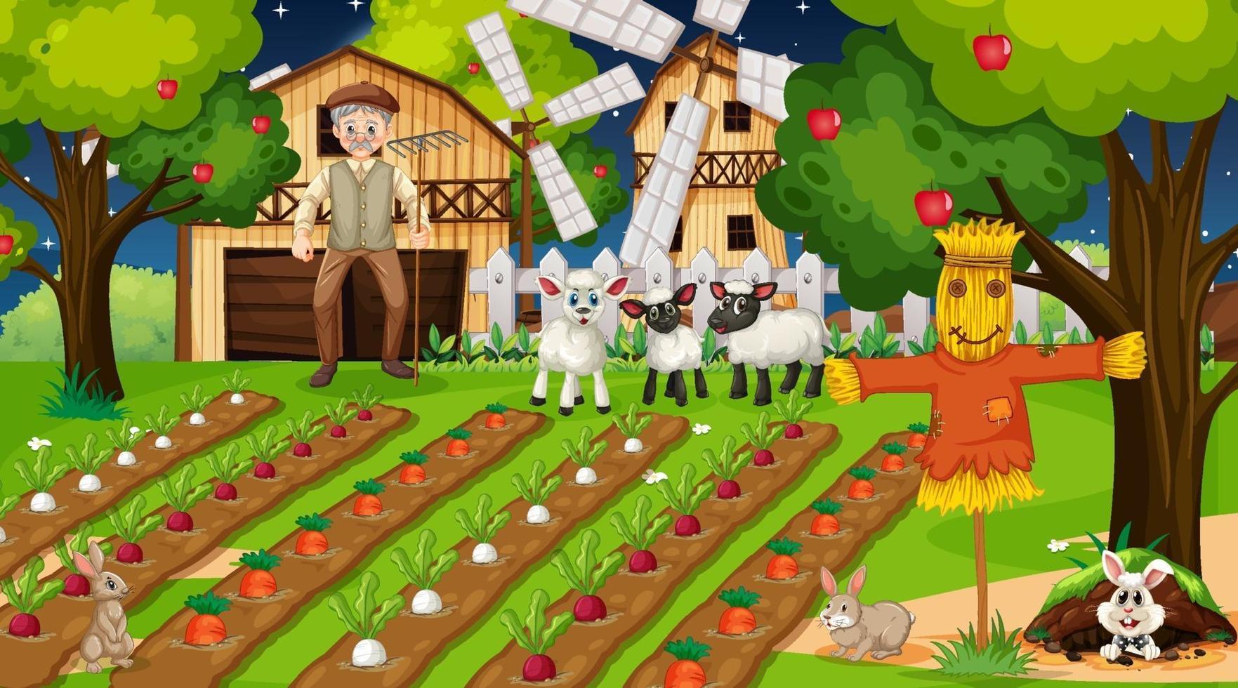 Farm scene at night with old farmer man and cute animals vector