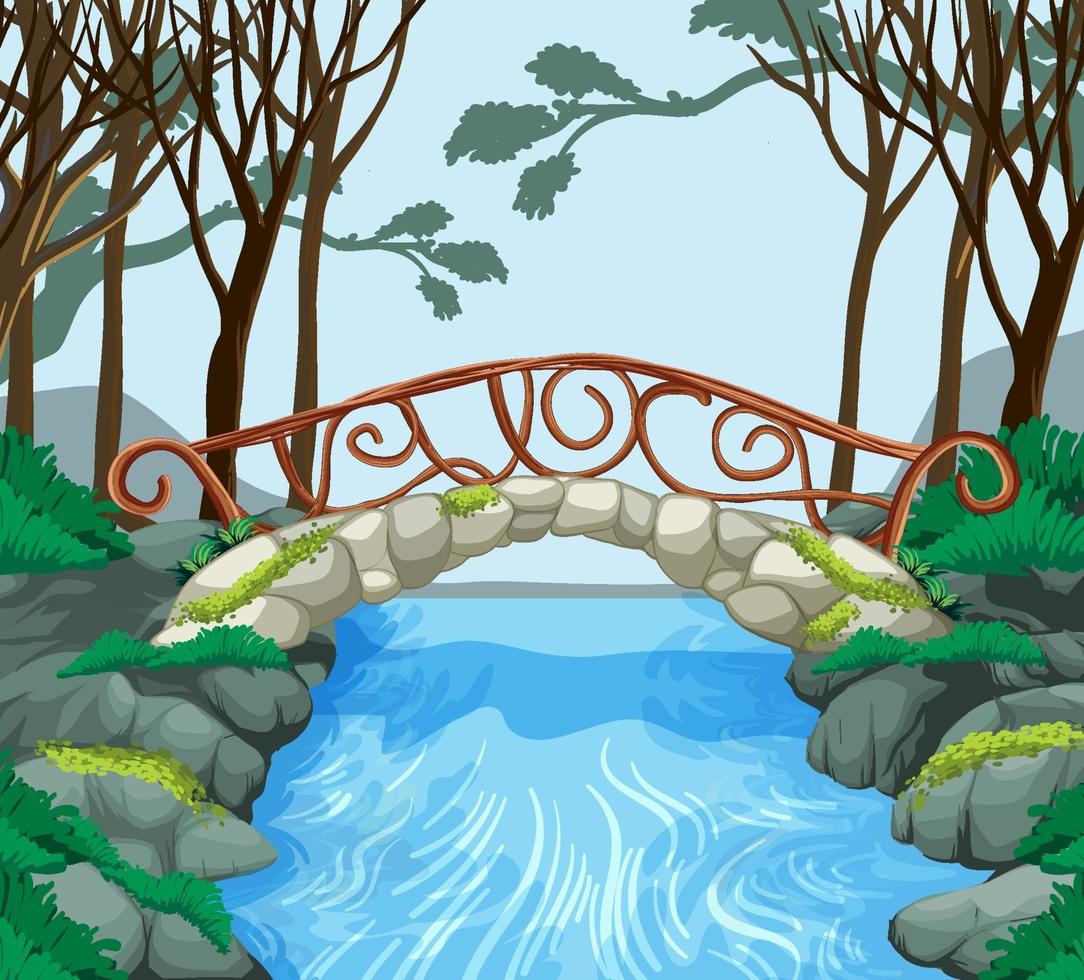 Escena del bosque con puente de piedra que cruza el río. vector