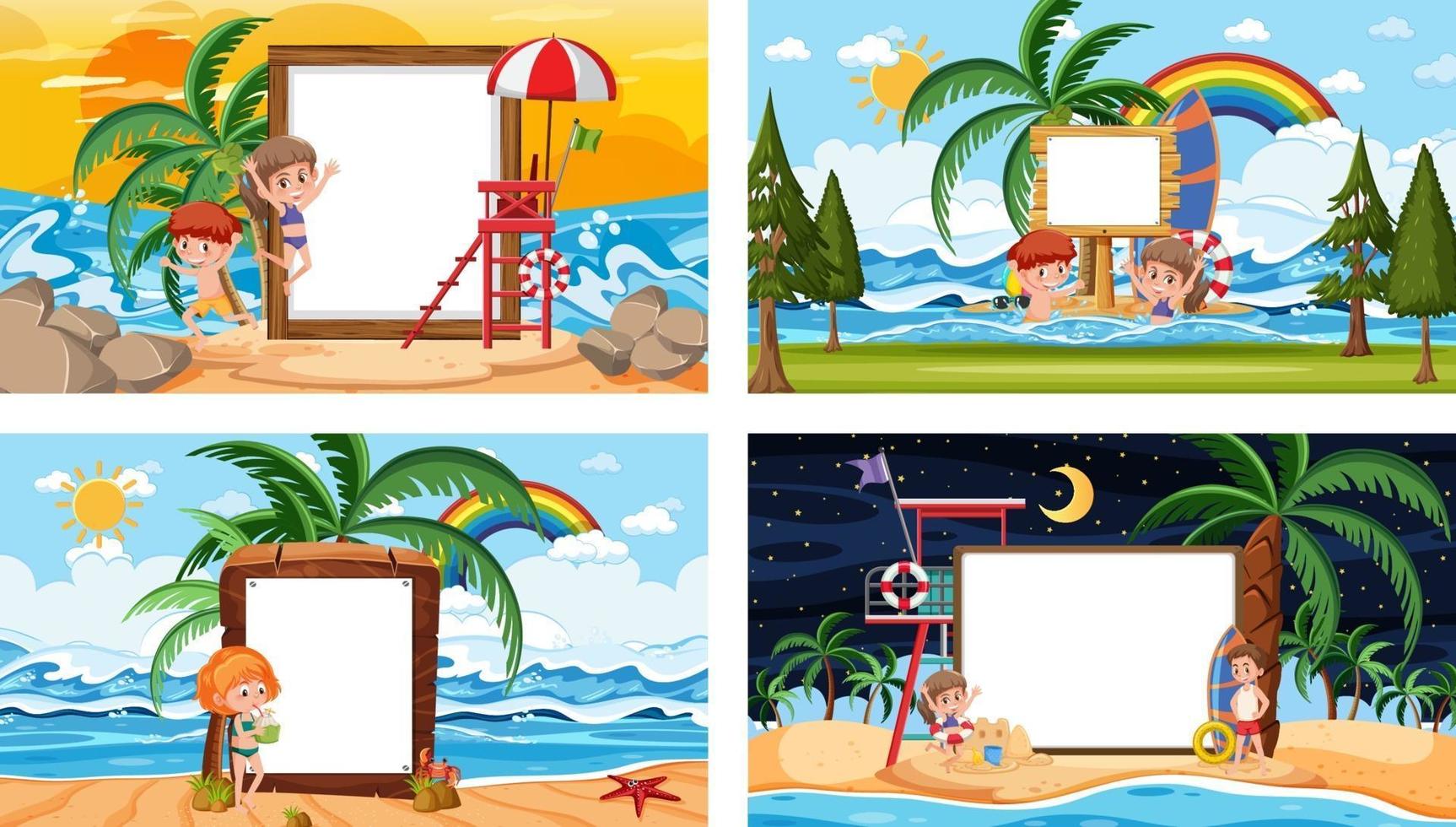 conjunto de diferentes escenas de playa tropical con banner en blanco vector