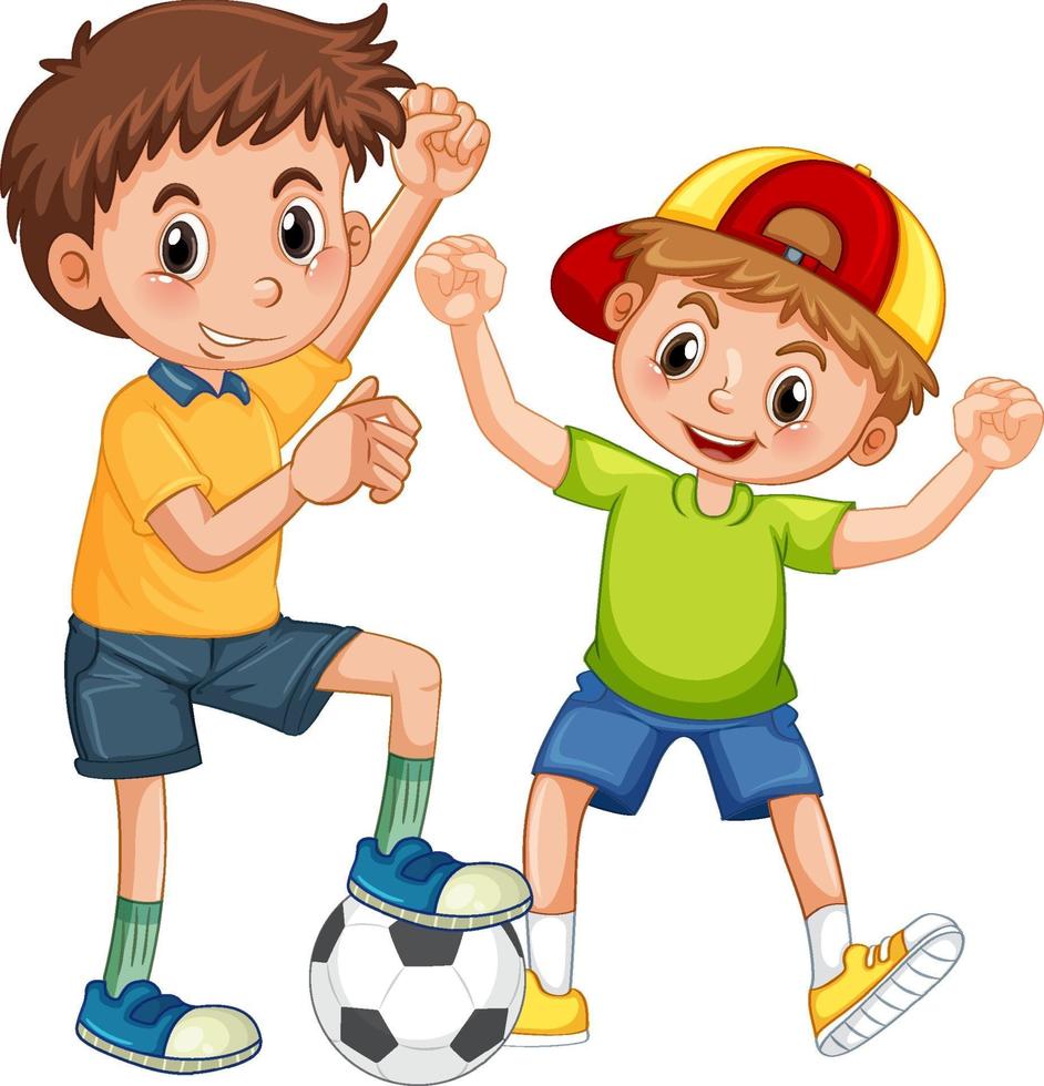 dos niños jugando al fútbol personaje de dibujos animados vector