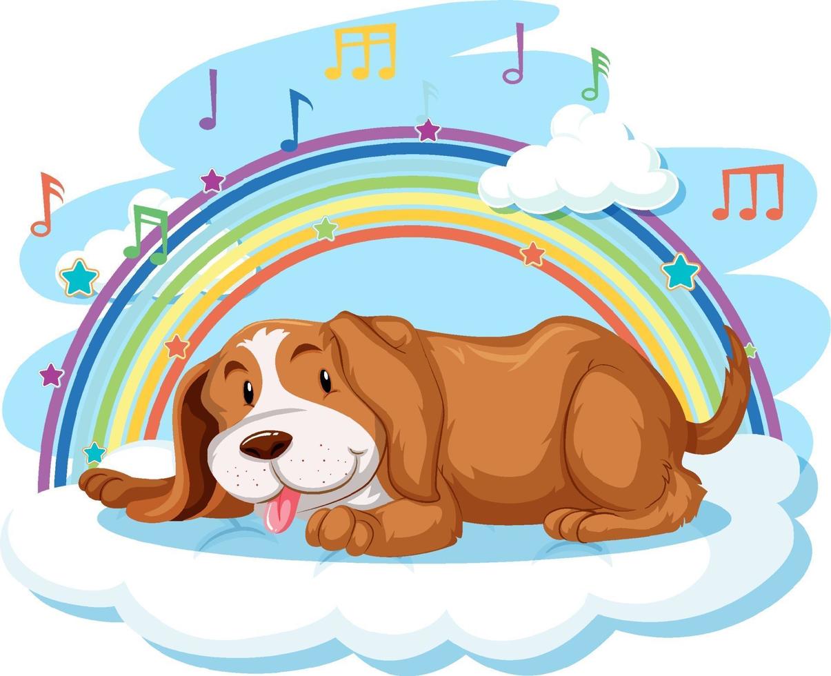 lindo perro en la nube con arcoiris vector