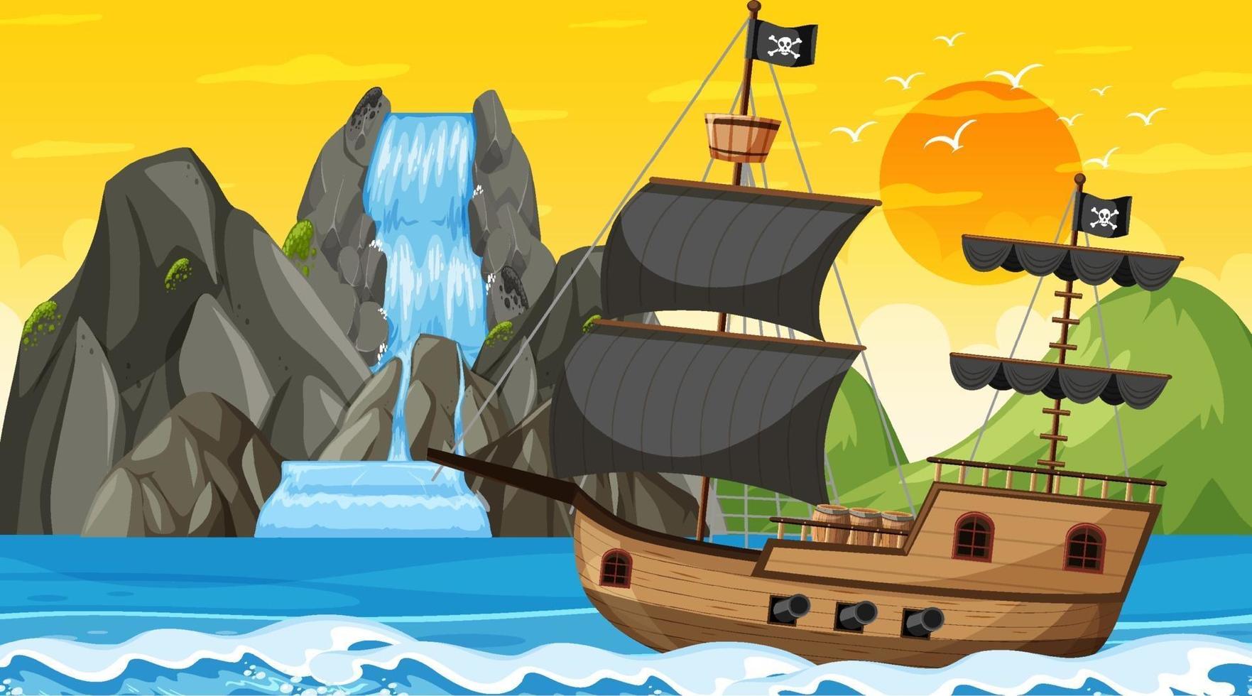 Océano con barco pirata en la escena del atardecer en estilo de dibujos animados vector