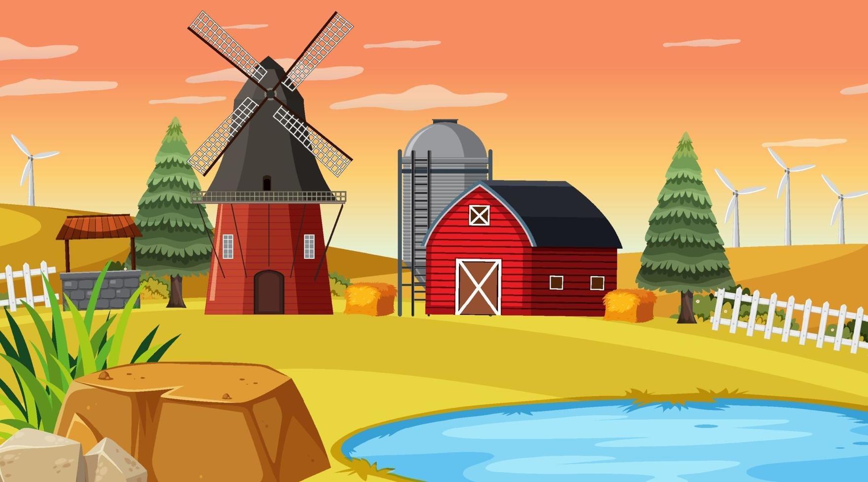 Empty farm at sunset time scene with red barn and windmill vector