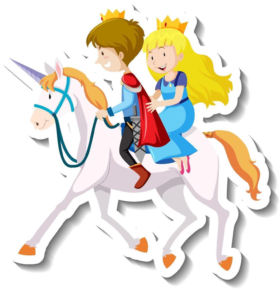 Prince and princess riding horse together cartoon sticker vector