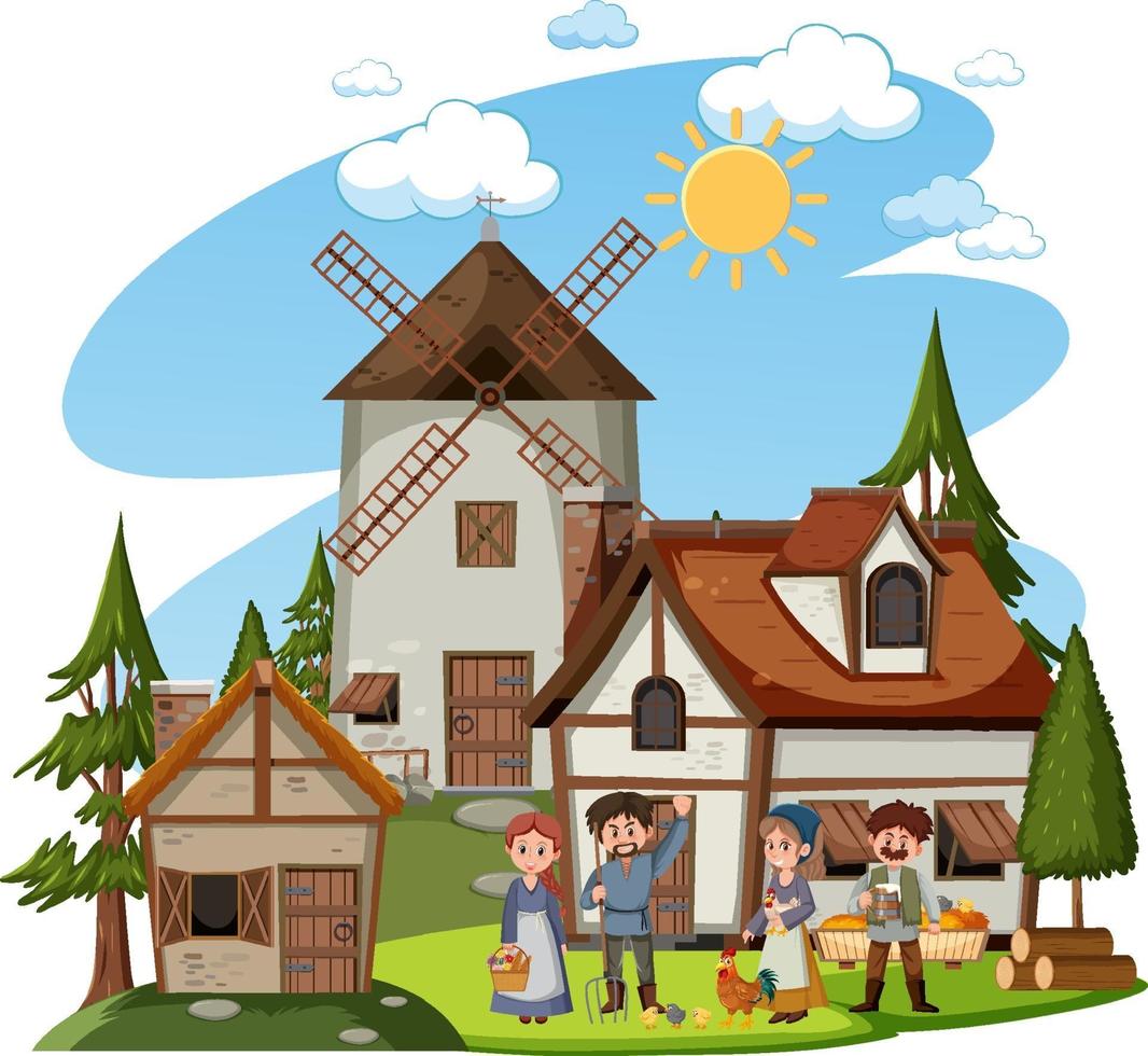 Medieval house with windmill and villagers vector