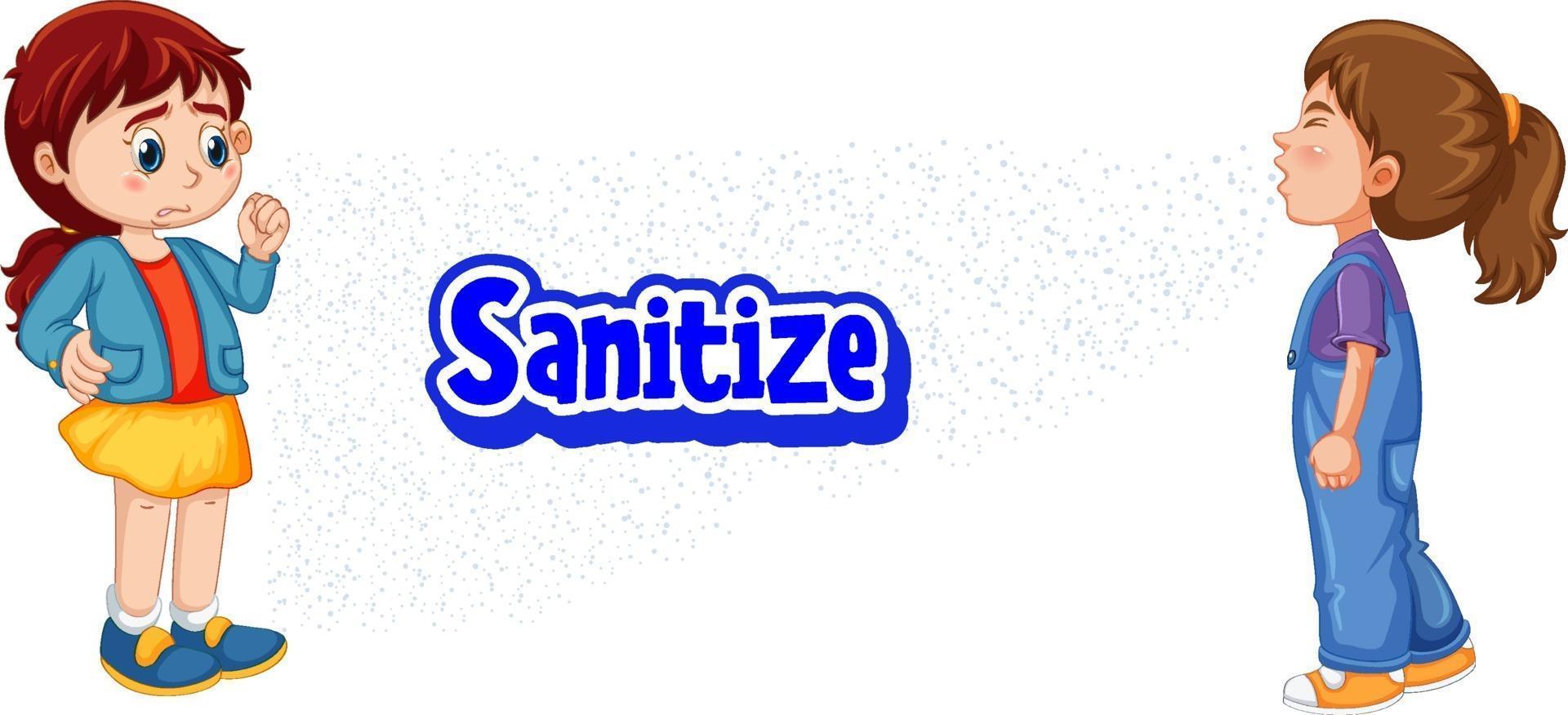 Sanitize font with a girl looking at her friend sneezing vector