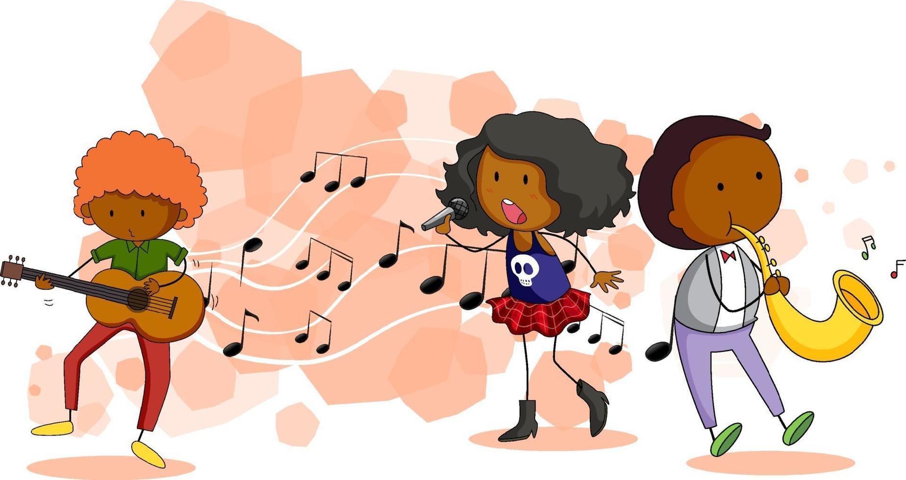 Doodle caricatura de cantante y músico con símbolos de melodía musical vector